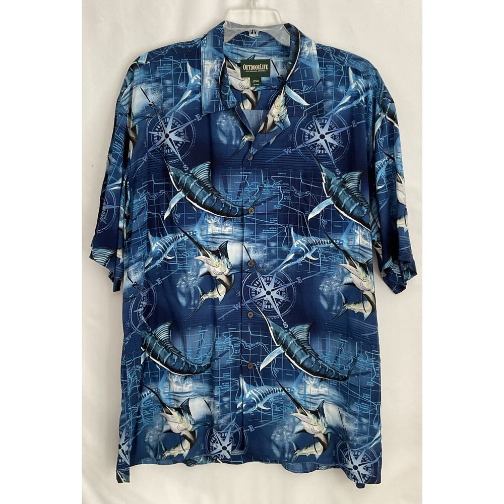 Outdoor Life Men’s 2XL Blue Sword Fish Hawaiian/Nautical Short Sleeve Shirt